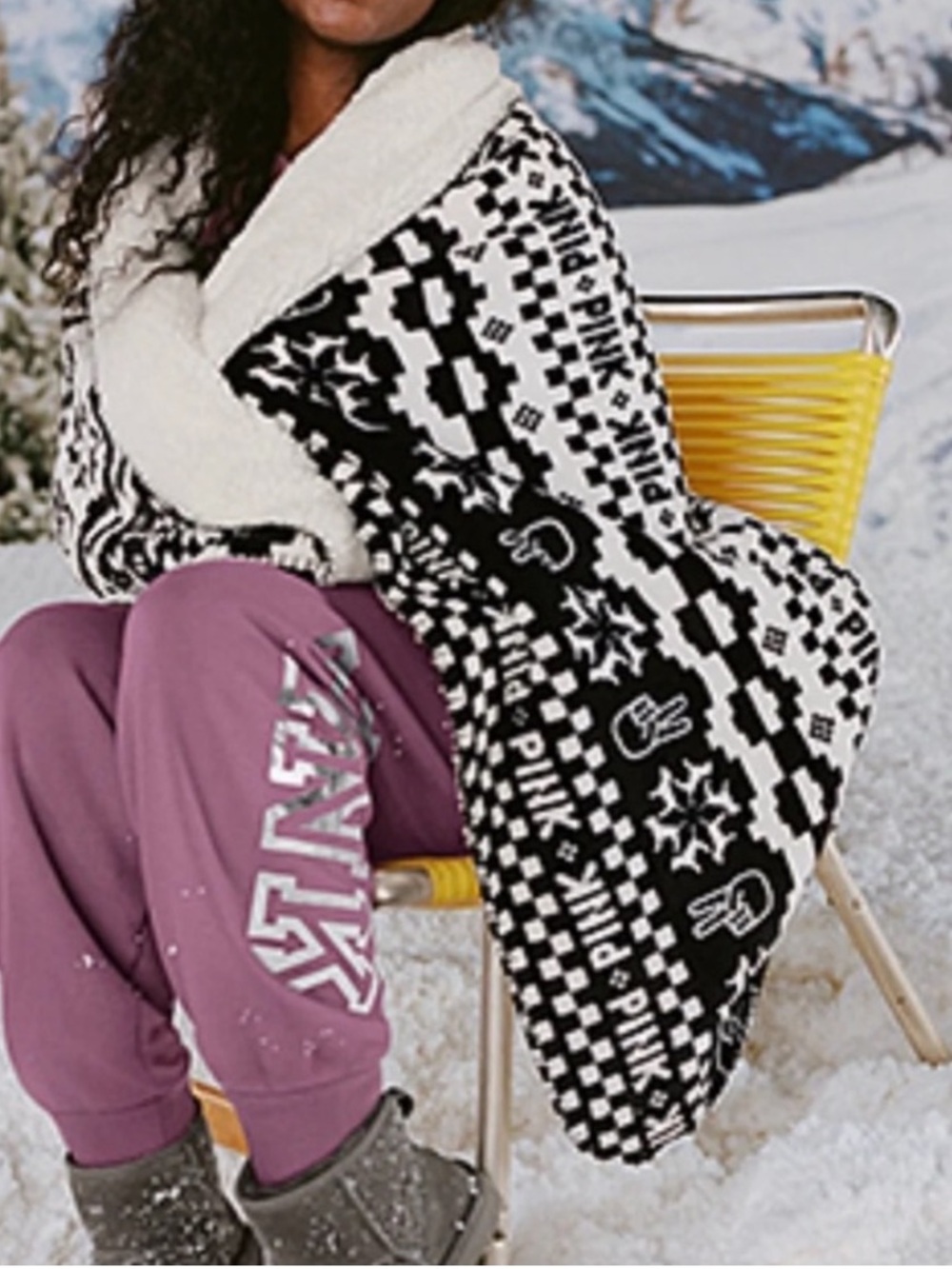 PINK Victoria's Secret- Throw Blanket Shepra Lined Black/White